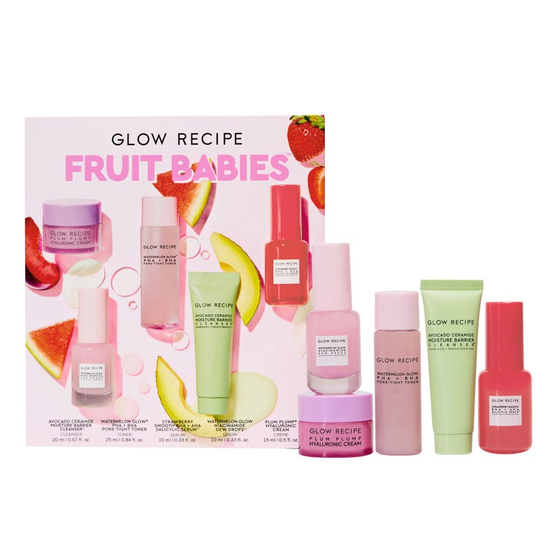 Glow Recipe  Fruit Babies Bestsellers Kit  Mini Travel Size Beauty Essentials  Avocado Foam Cleanser Niacinamide Dew Drops Serum PoreTight Toner Salicylic Serum Hyaluronic Acid Cream 5 Count